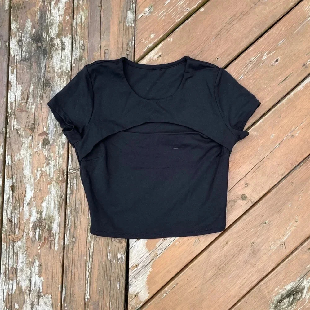 Black Stretchy Cut Out Front Cropped T-Shirt - Picture 2 of 6